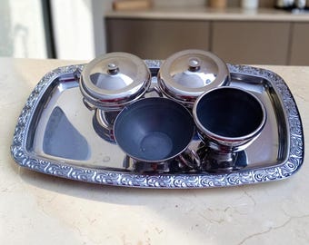 Vintage Dutch Serving Tray Set Metal Tea Coffee Set Made in Holland Lidded Bowls Cup Decorative Kitchen Decor