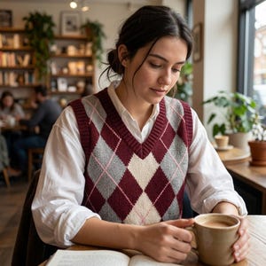 May include: A sleeveless knit sweater vest featuring a burgundy, grey, and cream argyle pattern with a V-neckline, worn over a crisp white collared button-down shirt, while holding a ceramic mug of coffee near an open book.