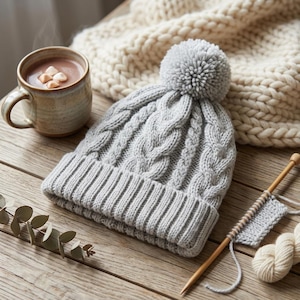 Peut inclure: Un bonnet en tricot gris clair avec un motif torsadé, un revers côtelé et un pompon assorti sur le dessus. Le bonnet est présenté à côté d'une tasse en céramique remplie d'une boisson chaude, d'une aiguille à tricoter et d'une pelote de laine.