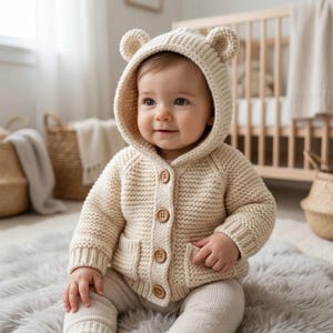 Könnte beinhalten: Eine cremefarbene, grob gestrickte Strickjacke mit Kapuze, die oben zwei kleine, abgerundete Bärenohren aufweist. Das Kleidungsstück hat lange Ärmel mit gerippten Bündchen, zwei Vordertaschen und wird mit vier runden, hellbraunen Holzknöpfen geschlossen.
