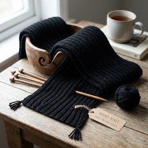 Può includere: Una sciarpa nera lavorata a maglia a mano con una consistenza a coste e piccole nappe alle estremità. La sciarpa è accompagnata da ferri da maglia in legno, un piccolo gomitolo di lana nera e un cartellino in carta con HAND KNIT PURE MERINO WOOL.