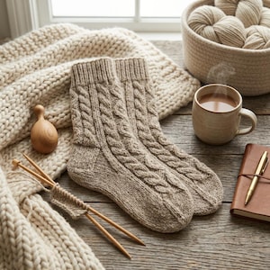May include: A pair of beige cable-knit socks resting on a chunky knit blanket. Nearby are wooden knitting needles with a small swatch, a wooden darning egg, a ceramic mug of steaming tea, a brown leather notebook with a gold pen, and a basket of yarn.