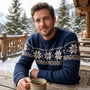 May include: A navy blue long-sleeve knit sweater featuring a cream and tan snowflake pattern across the chest and sleeves, with a ribbed crew neckline and matching ribbed cuffs, worn by a person holding a ceramic mug.