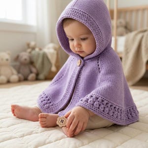 May include: A light purple knitted hooded cape featuring a textured garter stitch border along the hood and hem, accented with a single wooden flower-shaped button at the neckline and a matching flower-shaped button held in the hand.