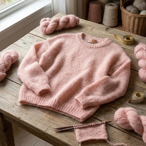 May include: A soft, fuzzy, light pink long-sleeve sweater with a crew neckline. The sweater is surrounded by several skeins of matching pink yarn, a small knitted swatch on wooden needles, and a yellow measuring tape showing inches.