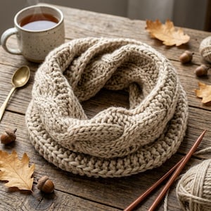 May include: A beige infinity scarf featuring a chunky cable knit pattern made from thick yarn. The scarf is arranged in a circular loop, showcasing the textured stitches and the soft, neutral colour of the wool material.