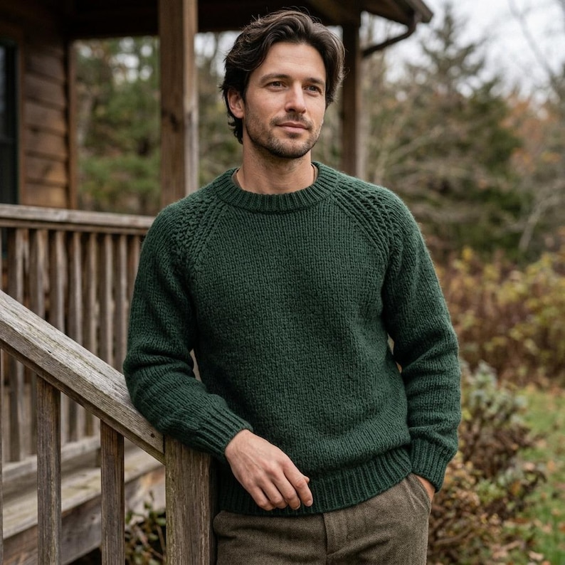 Men's Raglan Sweater Knitting Pattern PDF, Textured Shoulder Pullover ...