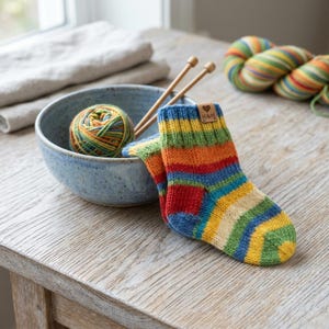 May include: A hand-knitted sock featuring horizontal stripes in yellow, green, blue, and red. The sock has a small brown leather tag with a heart icon and the text H&H. A matching ball of yarn and two wooden knitting needles sit in a blue bowl.
