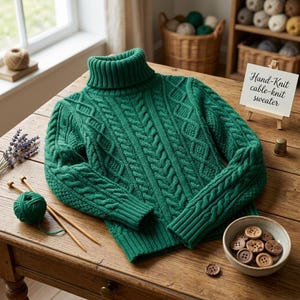 May include: A vibrant green roll-neck jumper featuring a detailed cable-knit pattern. A small white sign on a wooden easel displays the text Hand-Knit cable-knit sweater. The jumper is accompanied by a ball of green yarn and knitting needles.