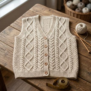 May include: A cream-coloured cable knit sweater vest featuring a V-neckline, a button-down front with five light brown buttons, and a textured pattern of vertical cables and diamond shapes. The garment is displayed alongside a ball of yarn and needles.
