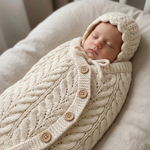 May include: A cream-colored knitted swaddle blanket featuring a cable knit pattern, a matching hood with a scalloped edge, and a front placket secured by four light brown wooden buttons. The swaddle is tied with a small knitted cord at the neck.