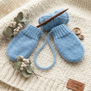 Puede incluir: Un par de manoplas de punto azul claro conectadas por un cordón de lana a juego, acompañadas de un ovillo de lana azul claro, una aguja de tejer de madera, dos botones marrones pequeños y ramas de eucalipto seco con bayas.