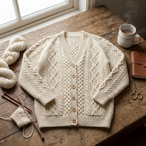 Peut inclure: Un cardigan col en V blanc cassé présentant des motifs complexes de torsades et de losanges, des manches longues et une fermeture boutonnée sur le devant. Le vêtement comprend deux poches avant et un tricot texturé sur tout le corps.