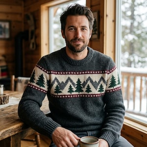 May include: A charcoal gray crewneck sweater featuring a cream-colored horizontal band across the chest. The band displays a repeating pattern of dark green pine trees and gray mountain peaks, accented by thin maroon horizontal stripes.