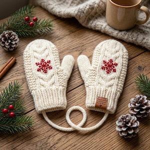 May include: A pair of cream-colored knit mittens featuring a red embroidered snowflake design on the back of each hand. The mittens are connected by a matching cream-colored cord and include a small brown leather tag with text.