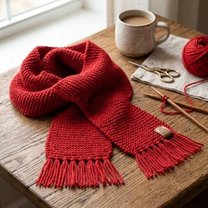 May include: A bright red knitted scarf featuring a textured garter stitch pattern, fringed ends, and a small rectangular leather tag embossed with the text "COZY KNITS". The scarf is displayed alongside a ceramic mug, scissors, and yarn.