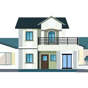 Op de afbeelding: Illustratie van een huis met twee verdiepingen met een witte buitenkant, een blauwgroen dak en blauwe ramen. Het huis heeft een balkon met zwarte balustrades en een bruine voordeur. Een kleine plant is zichtbaar bij de deur.
