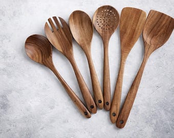 6 Pc Teak Wood Utensil Set with Stand – Wooden Cooking Tools, Spatula & Spoon Set