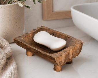 Jabonera de madera de teca hecha a mano – Bandeja de drenaje rústica para lavabo de baño