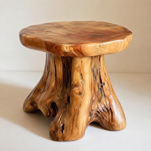 May include: A handcrafted wooden stool with a natural, organic design. The stool features a round top and a base shaped like a tree stump. The wood has a warm, reddish-brown color with visible grain and knots, adding to its rustic charm.