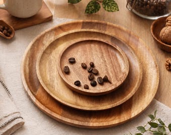 Juego de 3 bandejas de bambú para servir: platos redondos de madera para embutidos, frutas y pan.