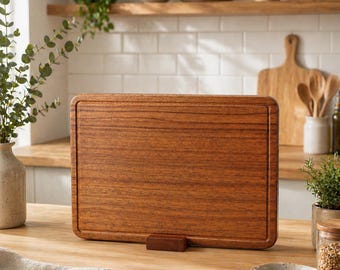 Tabla de cortar de teca maciza – Tabla de cortar de cocina gruesa de una sola pieza con mango ranurado para jugos