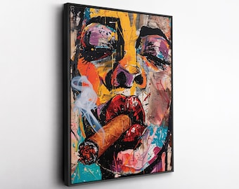 Woman Smoking Cigar Graffiti Canvas Wall Art, Street Art Portrait, Urban Pop Art Girl Face, Bold Colorful Wall Decor, Modern Office Art