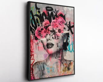 Woman Portrait with Flowers Graffiti Canvas Wall Art, Urban Floral Street Art, Modern Female Face Print, Colorful Pink Rose Wall Decor