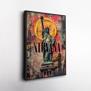 Statue of Liberty Nirvana Grunge Canvas Wall Art, New York Street Art Print, Rock Music Inspired Decor, Modern Urban Living Room Art