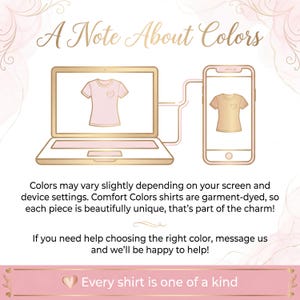 K&ouml;nnte beinhalten: Eine grafische Darstellung eines gold umrandeten Laptops und Smartphones, die durch ein Kabel verbunden sind und beide ein T-Shirt-Symbol mit einem Herz zeigen. Der Text lautet: A Note About Colors, Colors may vary slightly, Comfort Colors shirts are garment-dyed und Every shirt is one of a kind.