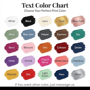 K&ouml;nnte beinhalten: Eine Textfarbkarte mit f&uuml;nfundzwanzig Farbmustern in verschiedenen Farben, darunter Wei&szlig;, Schwarz, Elfenbein, Gold, Ros&eacute;gold, Moos, Blue Jean, Pfeffer, Espresso, Bay, Beere, Bl&uuml;te, Yam, Karmesinrot, Denim, Violett, Orchidee, Crunch Berry, Wassermelone, Chambray, Senf, Rot, Hellgr&uuml;n, Marineblau und Silber.