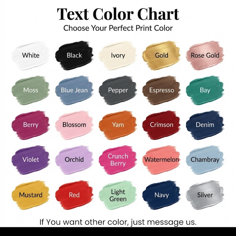 K&ouml;nnte beinhalten: Eine Textfarbkarte mit f&uuml;nfundzwanzig Farbmustern in verschiedenen Farben, darunter Wei&szlig;, Schwarz, Elfenbein, Gold, Ros&eacute;gold, Moos, Blue Jean, Pfeffer, Espresso, Bay, Beere, Bl&uuml;te, Yam, Karmesinrot, Denim, Violett, Orchidee, Crunch Berry, Wassermelone, Chambray, Senf, Rot, Hellgr&uuml;n, Marineblau und Silber.