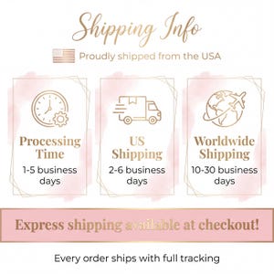 K&ouml;nnte beinhalten: Eine goldfarbene Infografik mit dem Text Shipping Info, Processing Time 1-5 business days, US Shipping 2-6 business days, Worldwide Shipping 10-30 business days, Express shipping available at checkout und Every order ships with full tracking.