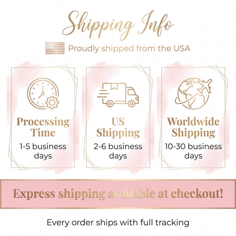 K&ouml;nnte beinhalten: Eine goldfarbene Infografik mit dem Text Shipping Info, Processing Time 1-5 business days, US Shipping 2-6 business days, Worldwide Shipping 10-30 business days, Express shipping available at checkout und Every order ships with full tracking.