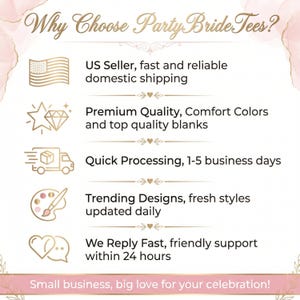 K&ouml;nnte beinhalten: Eine Infografik mit dem Titel Why Choose PartyBrideTees? mit f&uuml;nf Aufz&auml;hlungspunkten und Symbolen: eine US-Flagge, ein Diamant, ein Lieferwagen, eine Farbpalette und Sprechblasen. Der Text beschreibt Servicedetails auf wei&szlig;em Grund.
