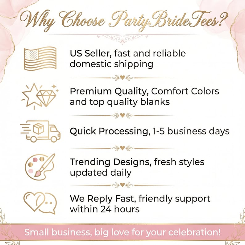 K&ouml;nnte beinhalten: Eine Infografik mit dem Titel Why Choose PartyBrideTees? mit f&uuml;nf Aufz&auml;hlungspunkten und Symbolen: eine US-Flagge, ein Diamant, ein Lieferwagen, eine Farbpalette und Sprechblasen. Der Text beschreibt Servicedetails auf wei&szlig;em Grund.