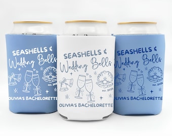 Seashells and Wedding Bells Can Coolers, Personalized Bachelorette Can Sleeves, Custom Beach Coastal Bachelorette Party Favors, Can Holder