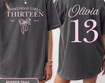 Custom Birthday T-shirt, Pink Coquette Bow 13th Birthday Shirt, Girls University Style Tee, 13 Year Old Gift Est. 2013 Bday Party Gift
