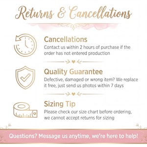 K&ouml;nnte beinhalten: Eine Infografik mit dem Titel Returns & Cancellations mit goldenem Text und Symbolen. Sie erl&auml;utert Richtlinien f&uuml;r Stornierungen innerhalb von 2 Stunden, eine Qualit&auml;tsgarantie f&uuml;r besch&auml;digte Artikel innerhalb von 7 Tagen, einen Gr&ouml;&szlig;entipp und Hilfe.
