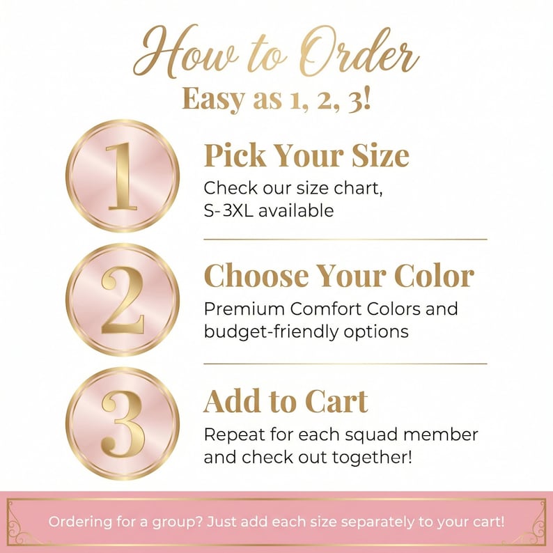 K&ouml;nnte beinhalten: Eine Anleitungsgrafik mit dem Titel How to Order Easy as 1, 2, 3! mit drei ros&eacute;goldenen kreisf&ouml;rmigen Symbolen, die mit 1, 2 und 3 nummeriert sind. Der Text beschreibt die Schritte zur Auswahl einer Gr&ouml;&szlig;e von S-3XL, einer Farbe und zum Warenkorb.