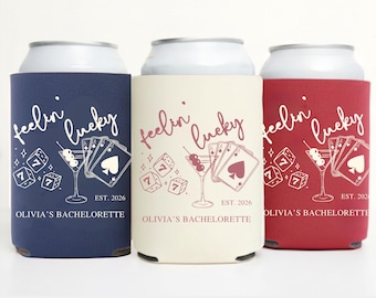 Personalized Vegas Feeling Lucky Bachelorette Can Coolers, Bridal Party Gifts