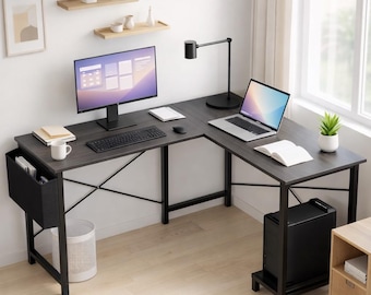L-Shaped Computer Desk with CPU Shelf and Storage Bag, Modern Corner Workstation