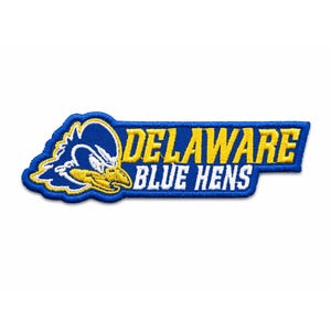May include: Embroidered patch featuring the Delaware Blue Hens logo. The patch has a blue border with a blue and yellow bird graphic. The text "DELAWARE BLUE HENS" is in yellow and white.