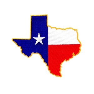 May include: Embroidered patch in the shape of the state of Texas. The patch features the Texas flag design, with a blue field and white star on the left, and white and red stripes on the right, outlined in gold.