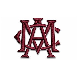 May include: Maroon embroidered monogram featuring the letters "AMC" intertwined. The letters are in a bold, stylized font, with a textured, stitched appearance. The design is centered on a white background.