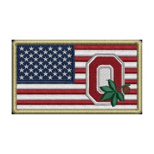 May include: Embroidered patch featuring the American flag with the Ohio State University logo. The patch has a gold border, a blue field of stars, and red and white stripes. The logo includes a red "O" and a green leaf.