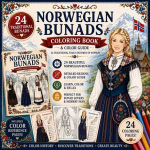 Könnte beinhalten: Ein norwegisches Bunad-Malbuch mit Farbleitfaden, das 24 traditionelle norwegische Volkstrachten zeigt. Das Cover zeigt eine Person in einem detaillierten Bunad, neben kleineren Malvorlagen, Text und Illustrationen von Berglandschaften.