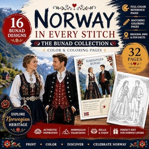 May include: A book cover titled Norway in Every Stitch The Bunad Collection featuring 16 bunad designs and 32 pages. The cover displays a man and woman in traditional Norwegian clothing against a mountain landscape, with color and coloring pages.