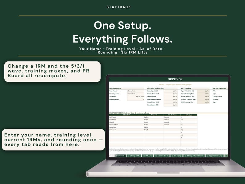 Workout Program Library Spreadsheet | Push Pull Legs, 5-3-1 & Upper Lower Split | Excel + Google Sheets Gym Tracker with 1RM + PR Board image 10