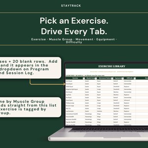 May include: A laptop displaying an exercise library with a green and white interface. The screen shows a table with exercise data. Text on the screen reads "Pick an Exercise. Drive Every Tab." Additional text highlights features like 82 exercises and muscle group tagging.